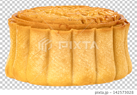 A traditional golden-brown mooncake isolated. Close-up side view showing the scalloped edges and detailed decorative pattern on top. Ideal for Mid-Autumn Festival concepts. A traditional golden-brown mooncake isolated. Close-up side view showing the scalloped edges and detailed decorative pattern on top. Ideal for Mid-Autumn Festival concepts. 142573028