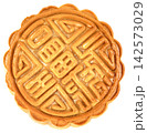 Top view of a traditional Chinese mooncake isolated. Golden baked pastry featuring intricate patterns and Chinese characters, typical for Mid-Autumn Festival celebrations. 142573029