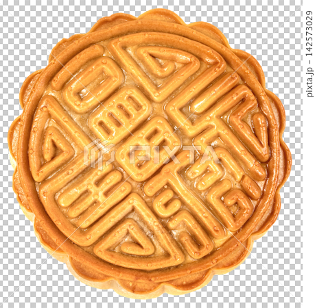 Top view of a traditional Chinese mooncake isolated. Golden baked pastry featuring intricate patterns and Chinese characters, typical for Mid-Autumn Festival celebrations. Top view of a traditional Chinese mooncake isolated. Golden baked pastry featuring intricate patterns and Chinese characters, typical for Mid-Autumn Festival celebrations. 142573029
