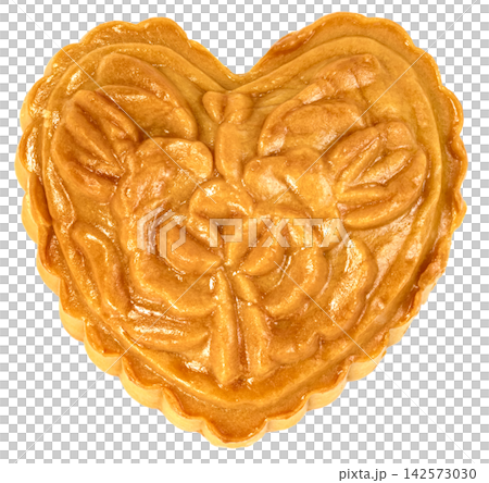 Golden heart-shaped mooncake with intricate butterfly and floral molded patterns. Traditional Chinese pastry for Mid-Autumn Festival isolated. Sweet holiday food dessert. Golden heart-shaped mooncake with intricate butterfly and floral molded patterns. Traditional Chinese pastry for Mid-Autumn Festival isolated. Sweet holiday food dessert. 142573030