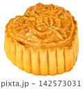 Single heart shaped golden brown mooncake with floral pattern isolated. Traditional Chinese pastry for Mid-Autumn Festival and lunar holiday. Delicious sweet baked Asian dessert. 142573031