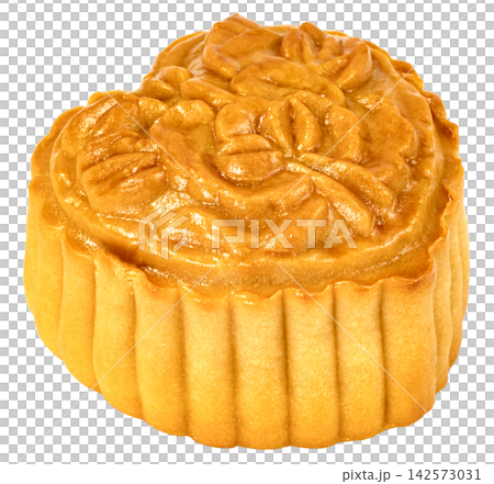 Single heart shaped golden brown mooncake with floral pattern isolated. Traditional Chinese pastry for Mid-Autumn Festival and lunar holiday. Delicious sweet baked Asian dessert. 142573031