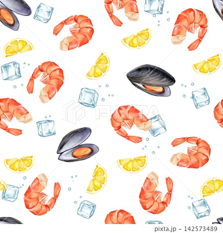 Hand-drawn seamless pattern illustration featuring fresh seafood, succulent shrimp, open mussels, juicy lemon slices, and crystal ice cubes. Perfect for kitchen wallpaper, textile fabric prints Hand-drawn seamless pattern illustration featuring fresh seafood, succulent shrimp, open mussels, juicy lemon slices, and crystal ice cubes. Perfect for kitchen wallpaper, textile fabric prints 142573489