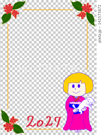Hand-drawn frame for New Year's Day 2027: A Japanese-style illustration of a girl in a kimono, a white cat, and a nandina plant. Hand-drawn frame for New Year's Day 2027: A Japanese-style illustration of a girl in a kimono, a white cat, and a nandina plant. 142573872