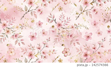 桜の水彩総柄パターン ピンクの可愛い春の和モダン背景 桜の水彩総柄パターン ピンクの可愛い春の和モダン背景 142574366