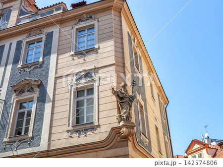 Antique Saint Peter statue holding keys on Serbski seminar in Prague, Czech Republic 142574806