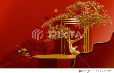 Hexagon Red and golden Chinese concept, red wedding style with display stand ,stage podium  chinese for present products.3D rendering 142575062