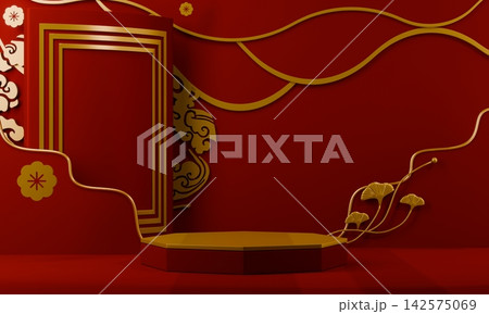 Hexagon Red and golden Chinese concept, red wedding style with display stand ,stage podium  chinese for present products.3D rendering 142575069