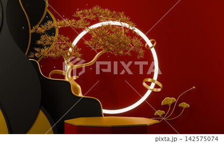 Hexagon Red and golden Chinese concept, red wedding style with display stand ,stage podium  chinese for present products.3D rendering 142575074