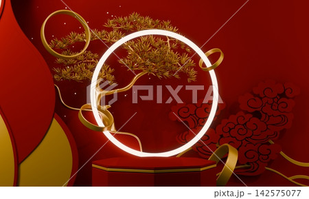 Hexagon Red and golden Chinese concept, red wedding style with display stand ,stage podium chinese for present products.3D rendering Hexagon Red and golden Chinese concept, red wedding style with display stand ,stage podium chinese for present products.3D rendering 142575077