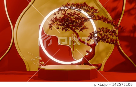 Hexagon Red and golden Chinese concept, red wedding style with display stand ,stage podium  chinese for present products.3D rendering 142575109