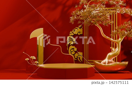 Hexagon Red and golden Chinese concept, red wedding style with display stand ,stage podium chinese for present products.3D rendering Hexagon Red and golden Chinese concept, red wedding style with display stand ,stage podium chinese for present products.3D rendering 142575111