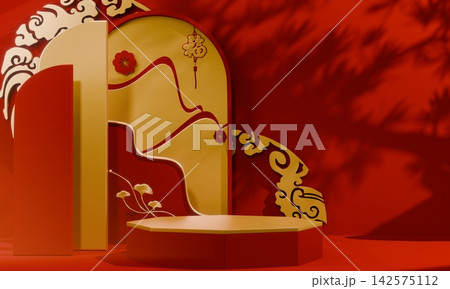 Hexagon Red and golden Chinese concept, red wedding style with display stand ,stage podium  chinese for present products.3D rendering 142575112