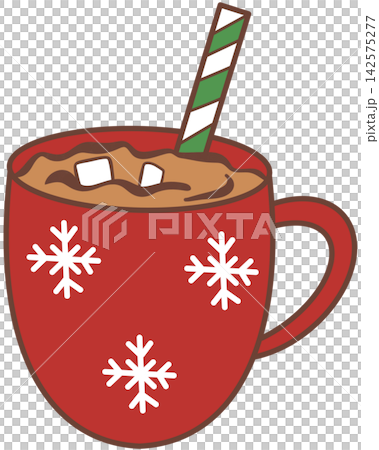 Red Christmas mug of hot chocolate with marshmallows and straw 142575277