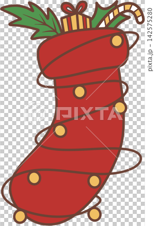 Red Christmas stocking wrapped in fairy lights with gifts Red Christmas stocking wrapped in fairy lights with gifts 142575280