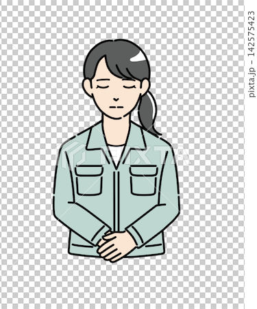Illustration of a young woman in work clothes bowing with her hands clasped (2) Illustration of a young woman in work clothes bowing with her hands clasped (2) 142575423