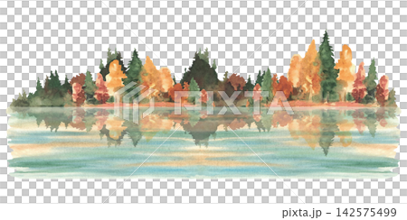 Autumn lake landscape with fall mixed forest of green coniferous and golden orange deciduous trees reflected in calm water. Realistic hand-painted watercolor illustration isolated on white background. Autumn lake landscape with fall mixed forest of green coniferous and golden orange deciduous trees reflected in calm water. Realistic hand-painted watercolor illustration isolated on white background. 142575499