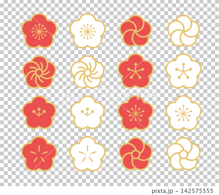 A set of cute Japanese-style decorative illustrations featuring red and white plum blossoms, auspicious Japanese patterns. 142575555