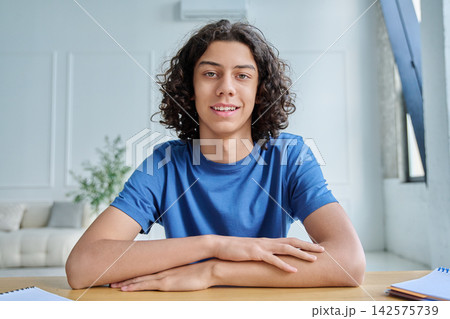 Smiling teen boy listening during online class Smiling teen boy listening during online class 142575739