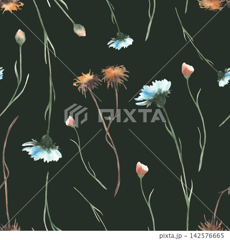 Watercolor Autumn wildflower seamless pattern. Hand painted watercolor fall wild flowers and grasses, meadow herbs realistic floral botanical illustration on isolated dark background for fabric design 142576665