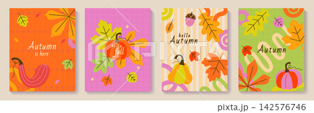 Set of bright greeting autumn flyers with hand drawn colorful pumpkins, acorns, autumn maple and oak leaves in childish style. Design for greetings, invitations, posters, print, web, sales. Vector Set of bright greeting autumn flyers with hand drawn colorful pumpkins, acorns, autumn maple and oak leaves in childish style. Design for greetings, invitations, posters, print, web, sales. Vector 142576746