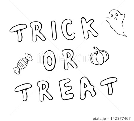 Hand Drawn Trick or Treat Lettering with Ghost Pumpkin and Candy Line Art Doodle Illustration Hand Drawn Trick or Treat Lettering with Ghost Pumpkin and Candy Line Art Doodle Illustration 142577467