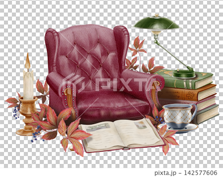 Hand Painted Watercolor Cozy Autumn Library with Vintage Armchair, Books and Autumn Leaves, Clipart, Dark Academia Illustration PNG Hand Painted Watercolor Cozy Autumn Library with Vintage Armchair, Books and Autumn Leaves, Clipart, Dark Academia Illustration PNG 142577606