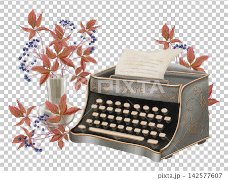 Hand Painted Watercolor Cozy Autumn Library with Vintage Typewriter, Autumn Leaves and Vase, Dark Academia Clipart PNG Hand Painted Watercolor Cozy Autumn Library with Vintage Typewriter, Autumn Leaves and Vase, Dark Academia Clipart PNG 142577607