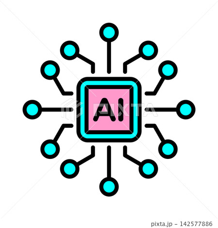 Pink Green Artificial Intelligence Microchip Vector Icon with Circuit Node Connections Pink Green Artificial Intelligence Microchip Vector Icon with Circuit Node Connections 142577886