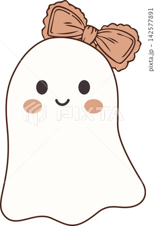 Cute Smiling Halloween Ghost with Bow, Adorable Spooky Character Illustration for Stickers, Cards, Crafts and Seasonal Designs Cute Smiling Halloween Ghost with Bow, Adorable Spooky Character Illustration for Stickers, Cards, Crafts and Seasonal Designs 142577891