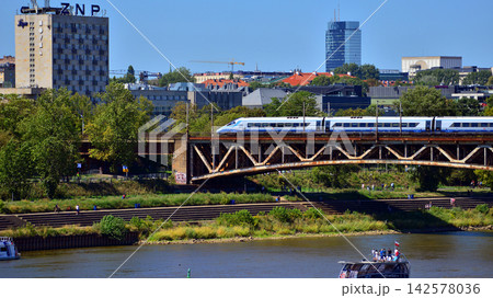 Warsaw, Poland. 15 August 2026. Railway bridge over the Vistula river. View of the center of Warsaw with tall office buildings. Warsaw, Poland. 15 August 2026. Railway bridge over the Vistula river. View of the center of Warsaw with tall office buildings. 142578036