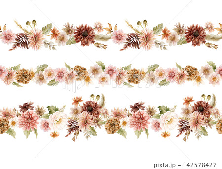 Autumn flower Seamless Border Set Dahlia Chrysanthemum Astra. Watercolor hand drawn floral illustration isolated on white background fall design wedding home textile cosmetic package crockery Autumn flower Seamless Border Set Dahlia Chrysanthemum Astra. Watercolor hand drawn floral illustration isolated on white background fall design wedding home textile cosmetic package crockery 142578427