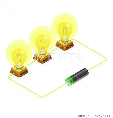 3D Isometric Flat Vector Illustration of Electrical Experiment, Serial Circuits, a Study In Electronics And Engineering. Item 1 3D Isometric Flat Vector Illustration of Electrical Experiment, Serial Circuits, a Study In Electronics And Engineering. Item 1 142578444