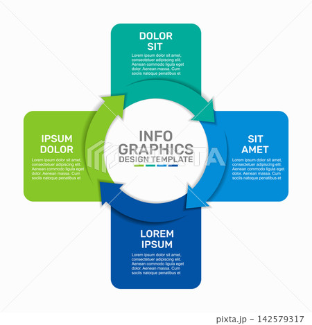 Circular infographic template with arrows and text blocks for business cycle steps, process workflow. Vector illustration. Circular infographic template with arrows and text blocks for business cycle steps, process workflow. Vector illustration. 142579317