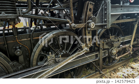 Historic Steam Locomotive Running Gear with Large Steel Wheels Historic Steam Locomotive Running Gear with Large Steel Wheels 142579425