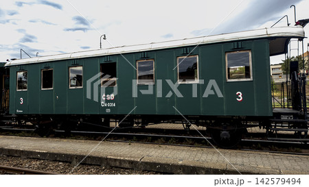 Nitra, Slovakia - September 5, 2026: Historic Green CSD Third Class Passenger Coach Nitra, Slovakia - September 5, 2026: Historic Green CSD Third Class Passenger Coach 142579494