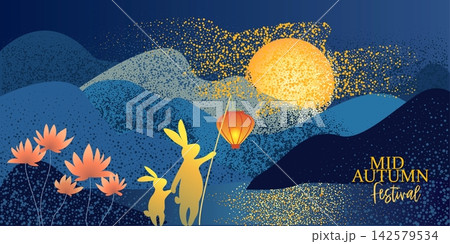 Mid Autumn Festival poster. Two rabbits sit in silhouette against large, shining full moon Mid Autumn Festival poster. Two rabbits sit in silhouette against large, shining full moon 142579534