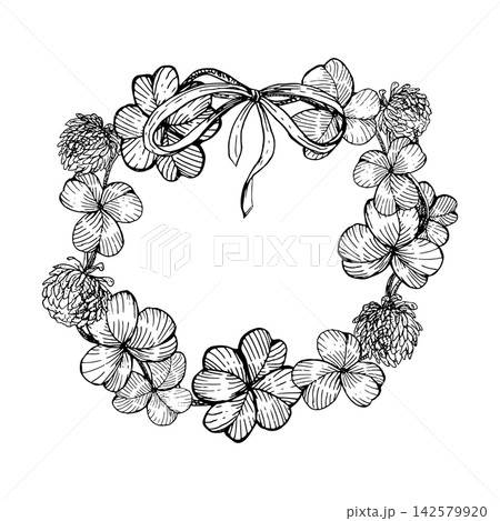 Clover leaves and flowers wreath with a ribbon bow hand drawn vector ink sketch Illustration. Engraving line art botanical frame for Celtic greeting cards, Irish branding, Invitation, festive poster. Clover leaves and flowers wreath with a ribbon bow hand drawn vector ink sketch Illustration. Engraving line art botanical frame for Celtic greeting cards, Irish branding, Invitation, festive poster. 142579920