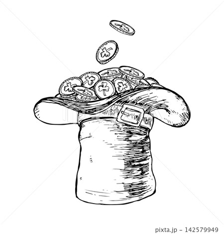 Top hat with falling shamrock gold coins hand drawn vector ink sketch line art. Engraving element for greeting cards, Irish pub branding, costume party design, authentic classic vintage art poster. Top hat with falling shamrock gold coins hand drawn vector ink sketch line art. Engraving element for greeting cards, Irish pub branding, costume party design, authentic classic vintage art poster. 142579949