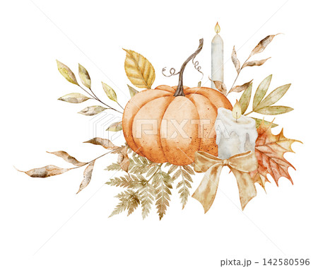Autumn pumpkin watercolor illustration with fall leaves, wheat, fern and seasonal foliage isolated on background. Harvest botanical composition clipart for Thanksgiving invitations and farmhouse card. 142580596