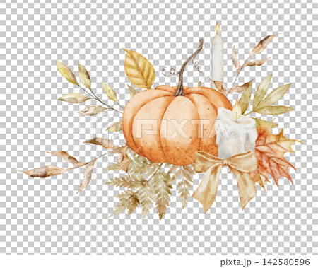 Autumn pumpkin watercolor illustration with fall leaves, wheat, fern and seasonal foliage isolated on background. Harvest botanical composition clipart for Thanksgiving invitations and farmhouse card. Autumn pumpkin watercolor illustration with fall leaves, wheat, fern and seasonal foliage isolated on background. Harvest botanical composition clipart for Thanksgiving invitations and farmhouse card. 142580596