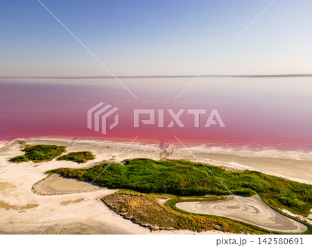 Pale Pink Water and White Salt Shores From Above. Aerial drone view of the pale pink water and white salt shores of Lake Sivash with a green island under a soft summer sky in Ukraine, a tranquil natur Pale Pink Water and White Salt Shores From Above. Aerial drone view of the pale pink water and white salt shores of Lake Sivash with a green island under a soft summer sky in Ukraine, a tranquil natur 142580691