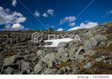 Patch of unmelted snow remaining among dark rocks during summer in the Khibiny Mountains, Murmansk Region, Russia. The lingering mountain snow contrasts with the rugged rocky terrain beneath a deep bl Patch of unmelted snow remaining among dark rocks during summer in the Khibiny Mountains, Murmansk Region, Russia. The lingering mountain snow contrasts with the rugged rocky terrain beneath a deep bl 142580840