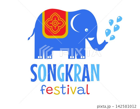 Vector logo for Songkran festival in Thailand with elephant and water drops. Songkran water festival logo. 142581012