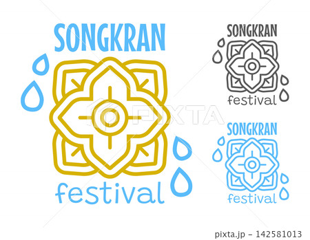 Vector flat logo for Songkran festival in Thailand with water drops and traditional Thai ornament. Songkran water festival logo. 142581013