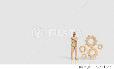 Construction Engineer with Wooden Gears Representing Industrial Teamwork 3d render. Construction Engineer with Wooden Gears Representing Industrial Teamwork 3d render. 142581287
