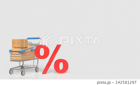 Shopping Cart with Packages and Bold Red Discount Symbol 3d render. Shopping Cart with Packages and Bold Red Discount Symbol 3d render. 142581297