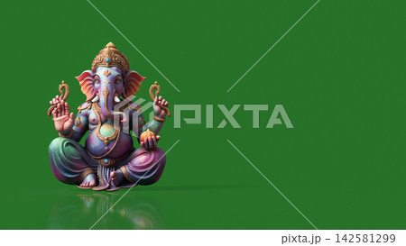 Colorful Ganesha Statue on Green Background with Copy Space 3d render. 142581299