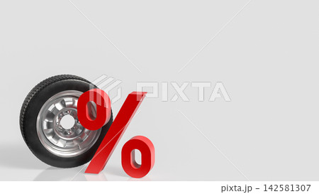 Car Tire with Red Percentage Symbol for Automotive Sale Promotions 3d render. 142581307