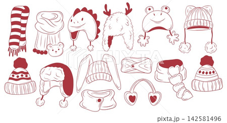 Vector set of red line art winter hats and accessories 142581496